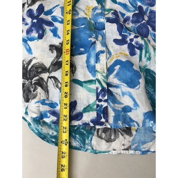 Linen Button Up Floral Blouse M Boho Coastal Resort Maximalist Preppy Office Art - Picture 11 of 12